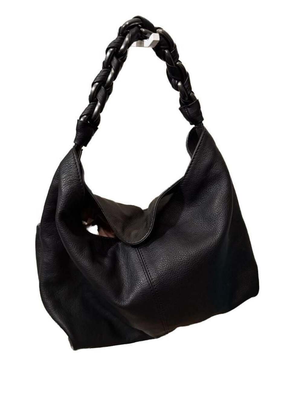 Vince Camuto Kimi Black Pebbled Leather Hobo Bag with Braided Chain Handle